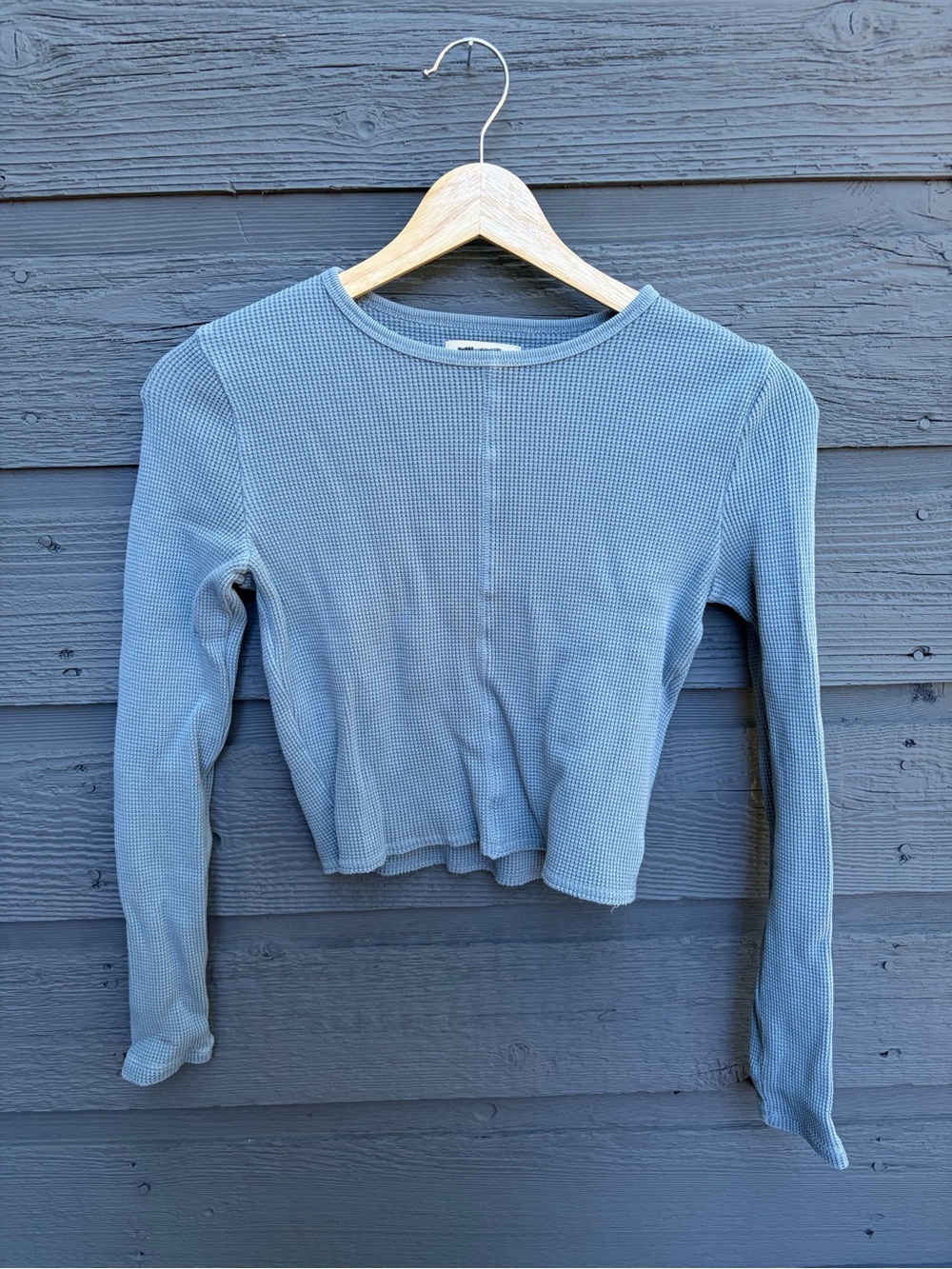 Madewell Waffle Knit Crewneck Crop 100% Cotton Long Sleeve Tee XXS Blue